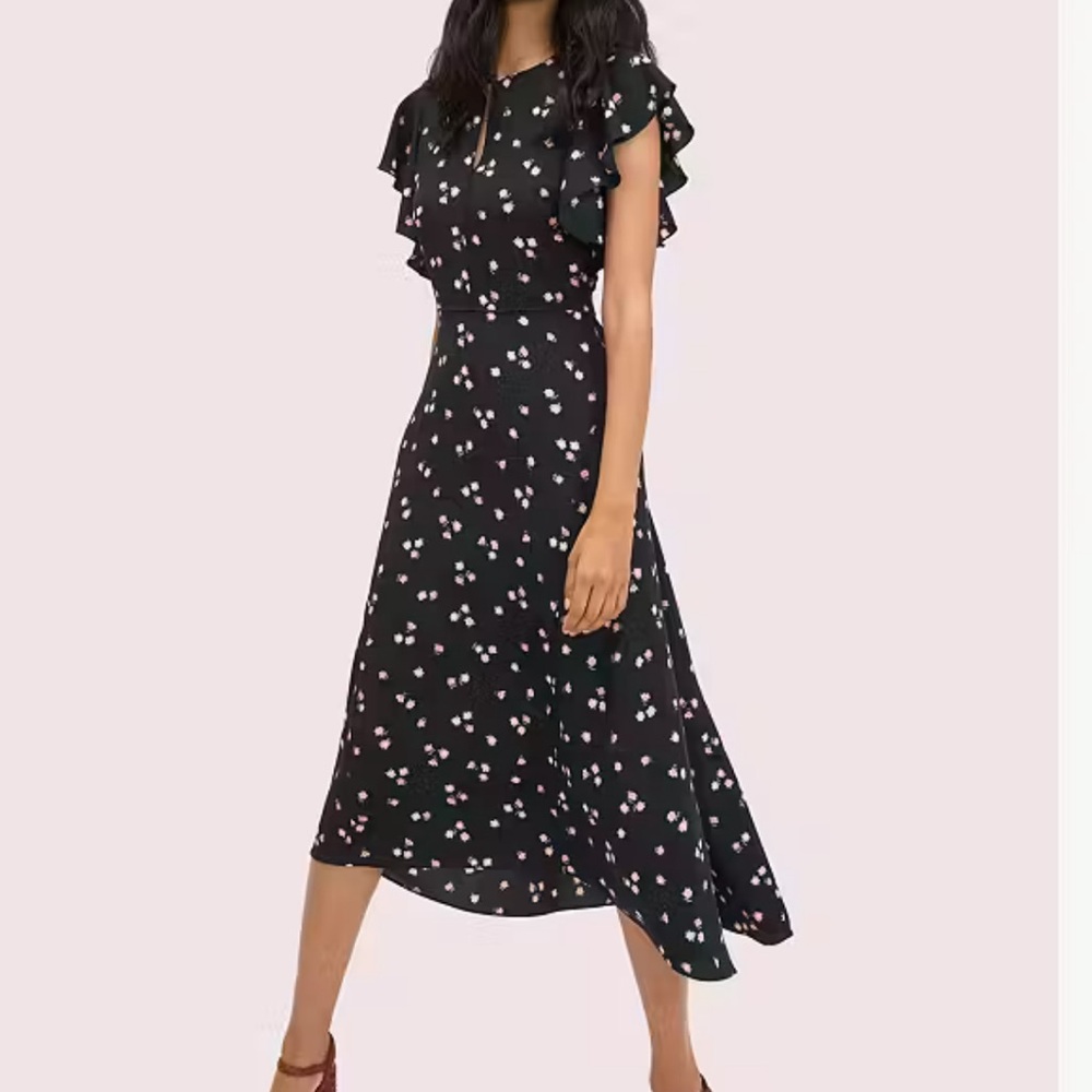 New KATE SPADE New York Ditsy Begonia Flutter Sleeve Midi Dress Black/Multi 8